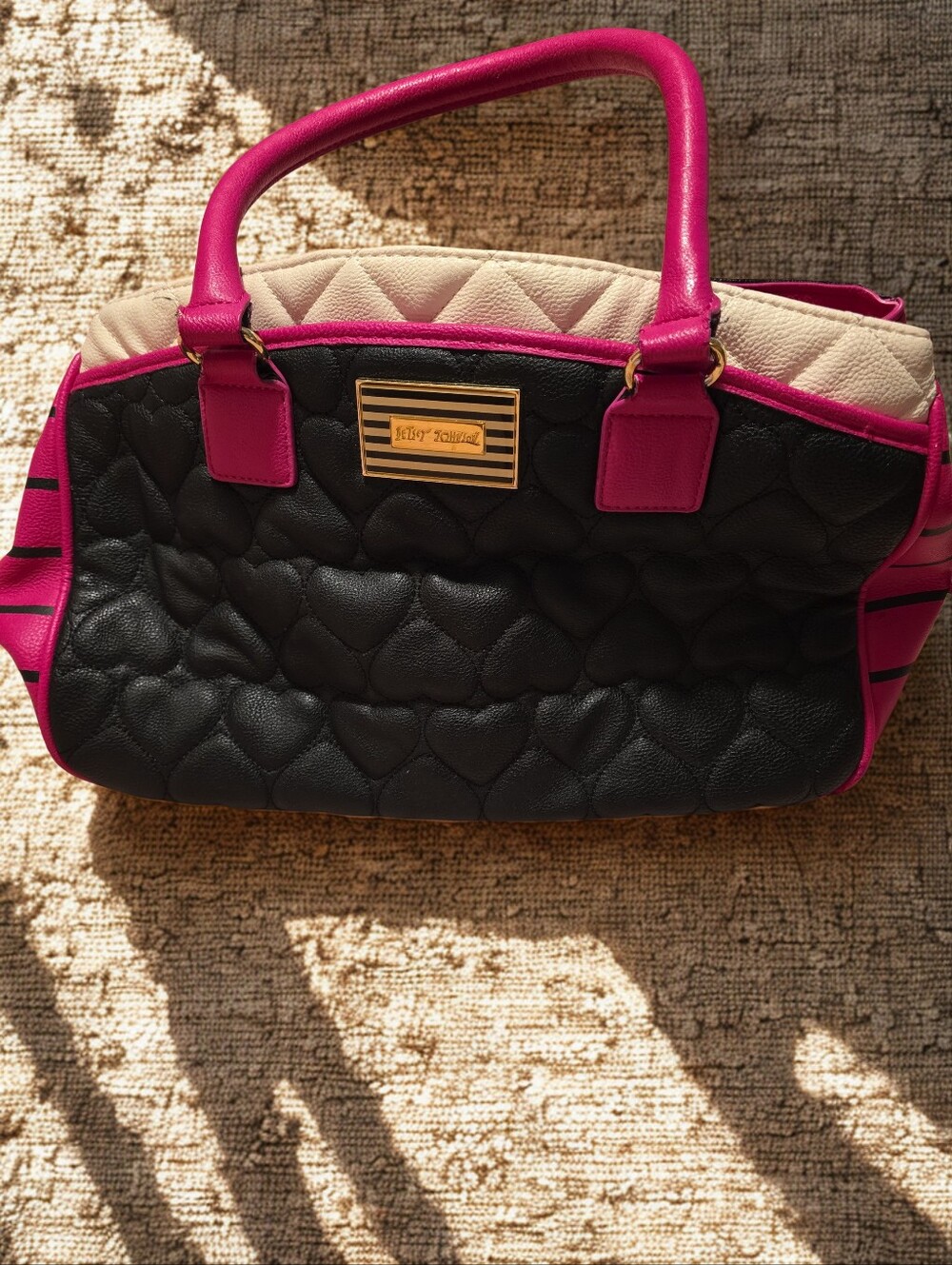 Betsey Johnson Heart Quilted Satchel – Black & Hot Pink